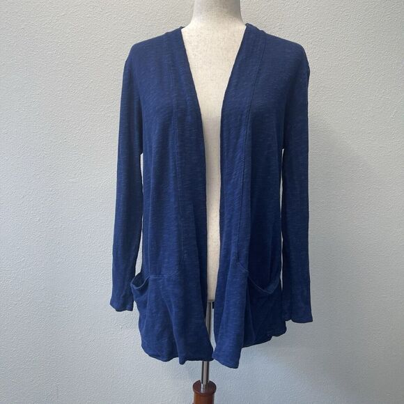 J. Jill Cardigan Sweater Womens Size M Blue Linen Open Front Beachy Coastal - Picture 1 of 8